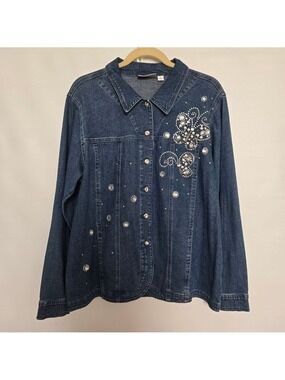 Quacker Factory Denim Jacket Shacket Women Blue Sequins Pearls Butterfly Large